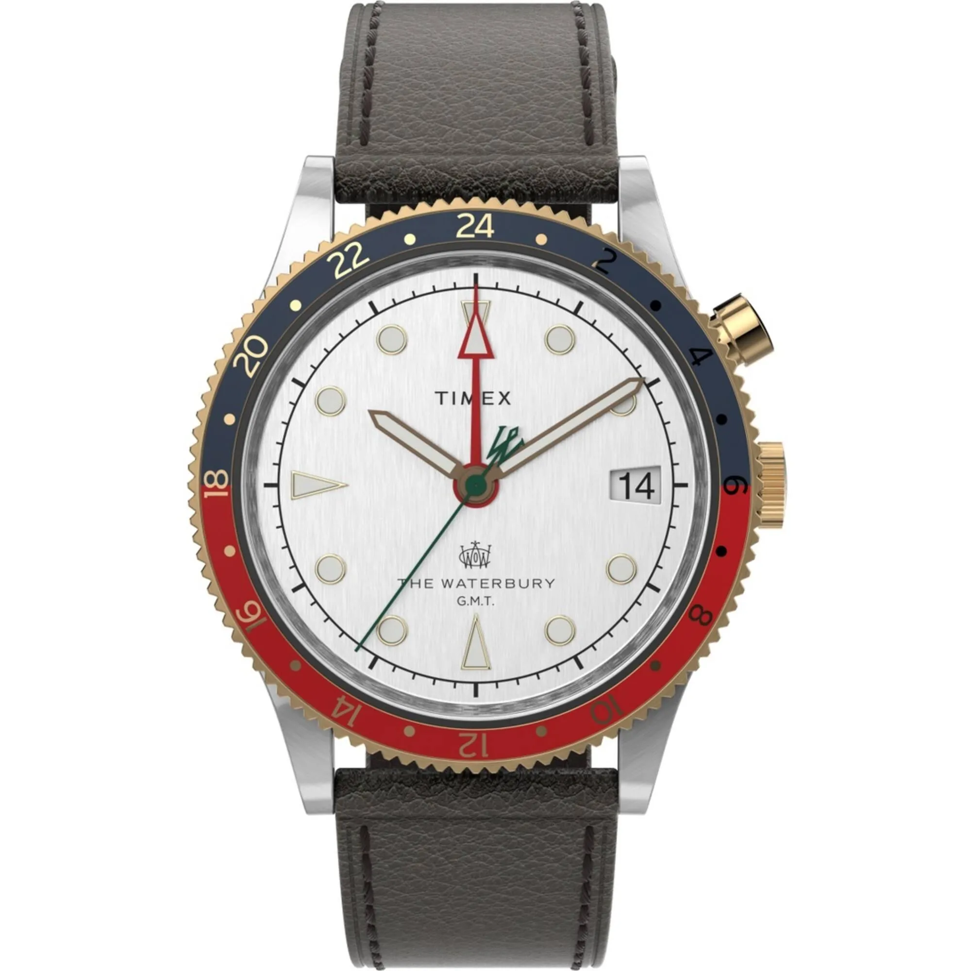 Timex Men's Watch - Waterbury Traditional GMT White Dial Leather Strap | TW2U99100