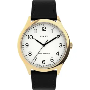 Timex Unisex Quartz Watch - Easy Reader White Dial Black Leather Strap | TW2U22200VQ