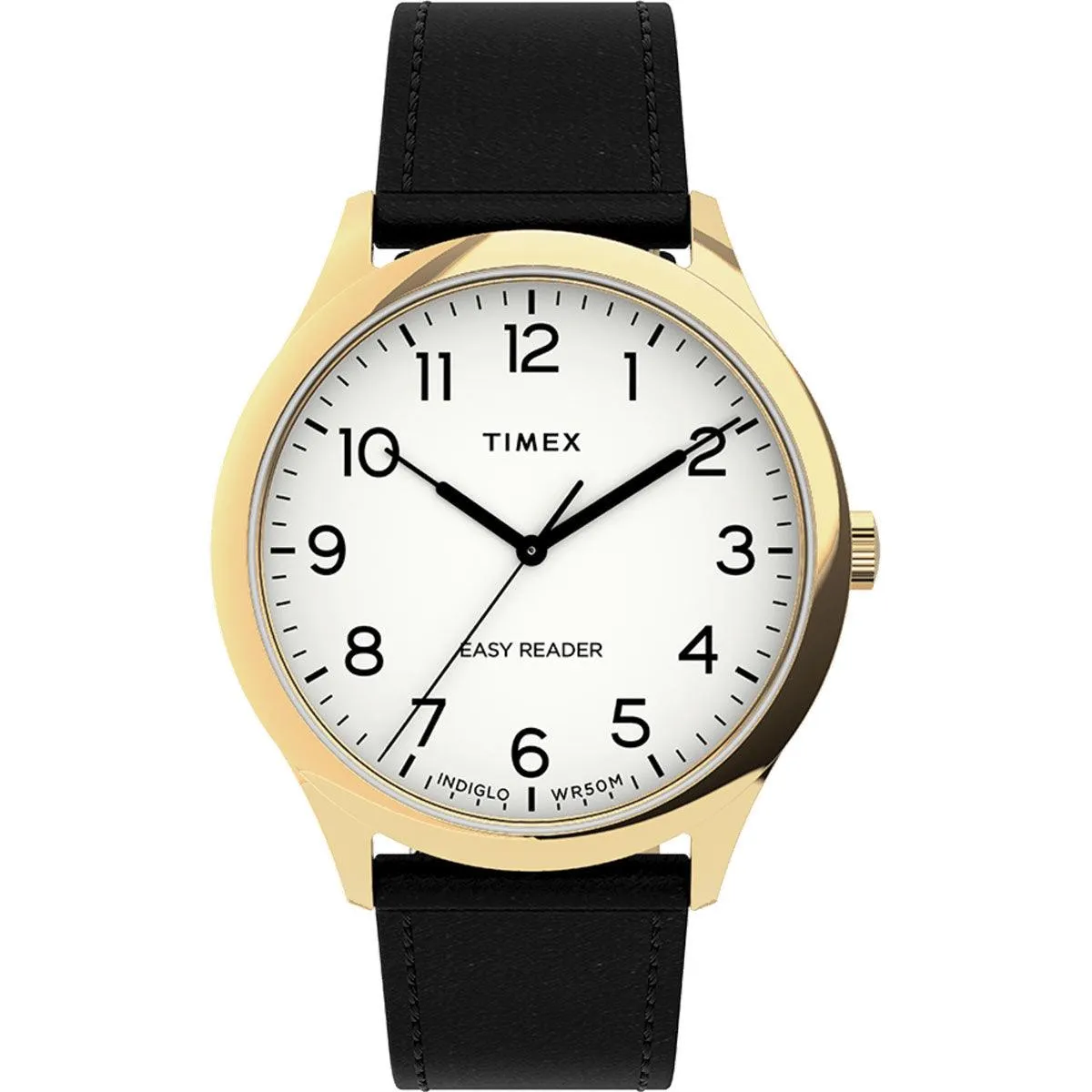 Timex Unisex Quartz Watch - Easy Reader White Dial Black Leather Strap | TW2U22200VQ