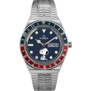 Timex Unisex Watch - Q Reissue Peanuts Snoopy Blue Dial Steel Bracelet | TW2U71300ZV