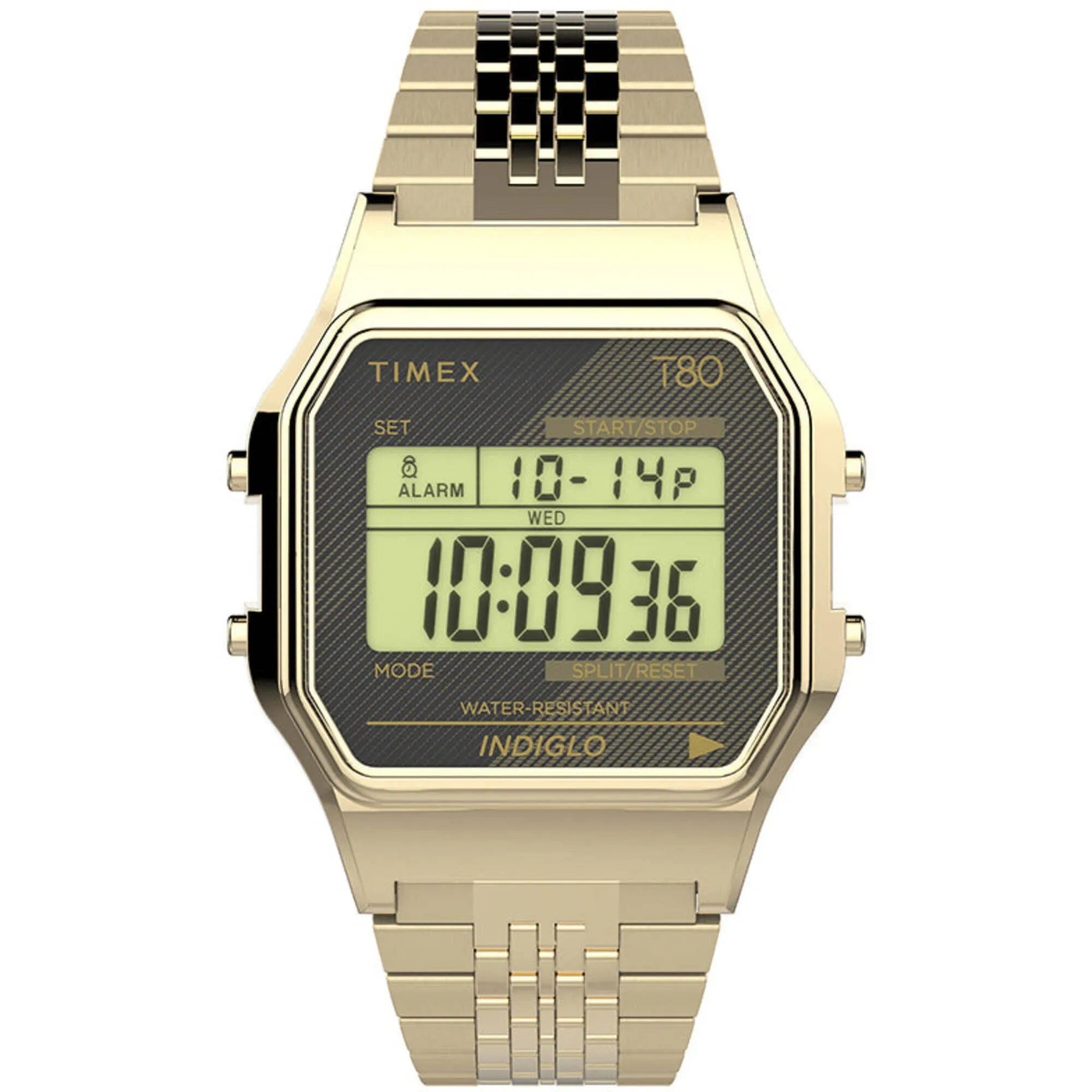 Timex Unisex Watch - T80 Alarm Digital Dial Yellow Gold Bracelet | TW2V18900