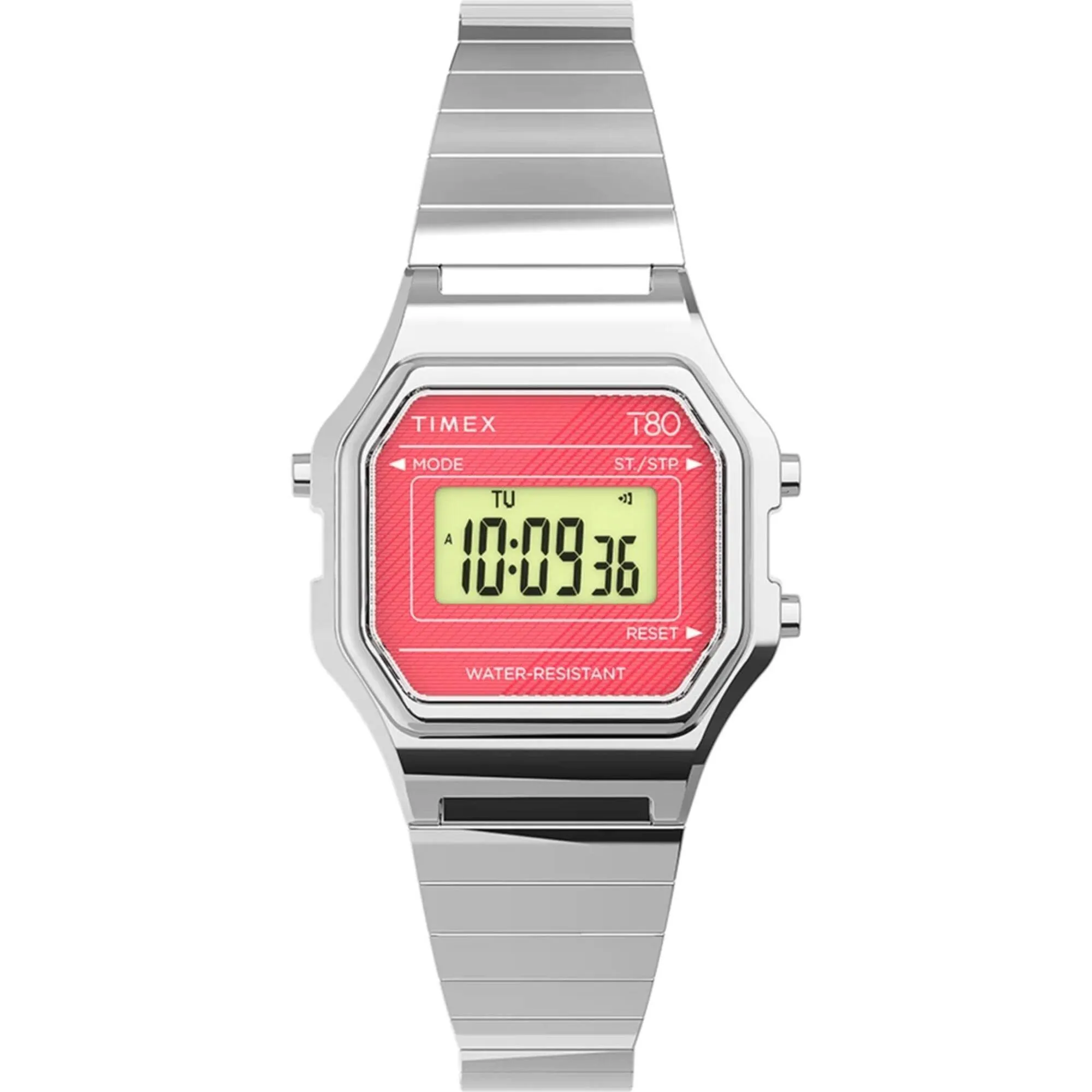 Timex Unisex Watch - T80 Mini Pink and Grey Dial Silver Band Digital | TW2U94200YB