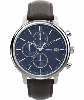 Timex Chicago Chrono 45mm Silver Tone Blue Dial Brown Leather Strap TW2W76200