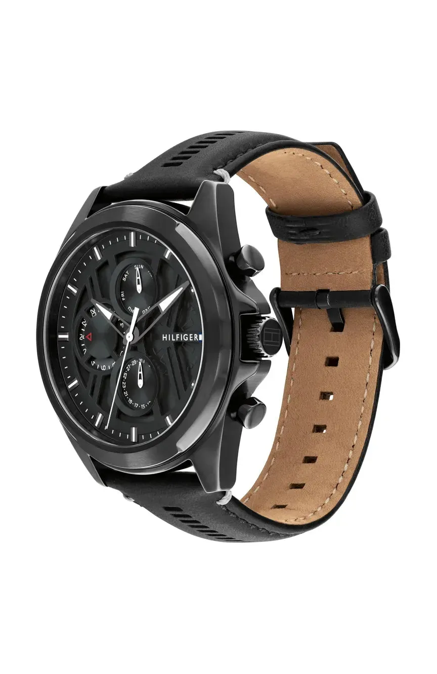 TOMMY HILFIGER JAX MENS ALL BLACK LEATHER STRAP WATCH 1710654