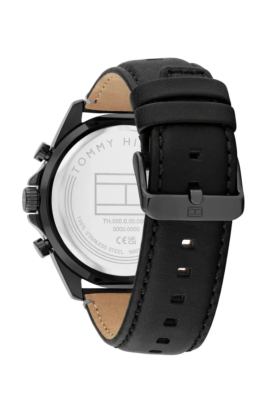 TOMMY HILFIGER JAX MENS ALL BLACK LEATHER STRAP WATCH 1710654