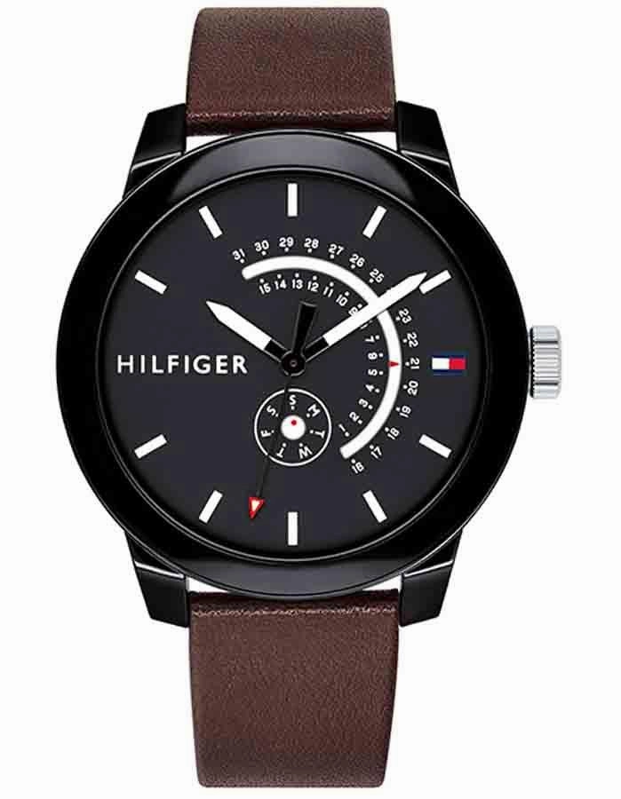 Tommy Hilfiger Mens Denim Watch - Black TR90 - Chronograph - Brown Leather Strap
