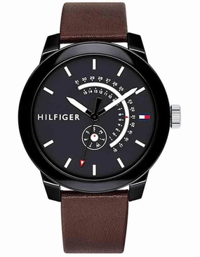 Tommy Hilfiger Mens Denim Watch - Black TR90 - Chronograph - Brown Leather Strap