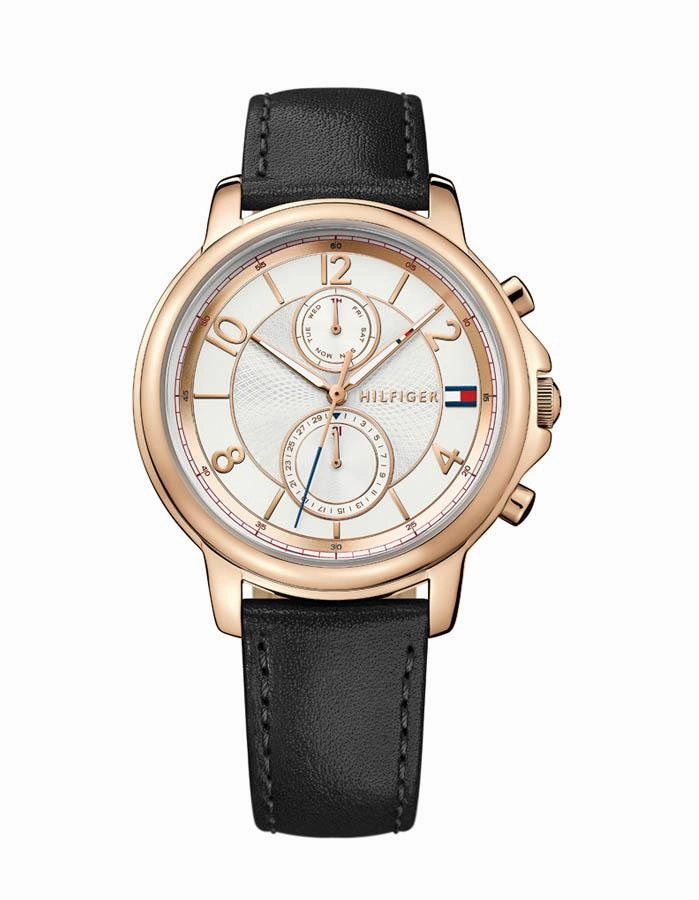 Tommy Hilfiger Womens Claudia Dress Watch -Rose Gold-Tone - Black Leather Strap