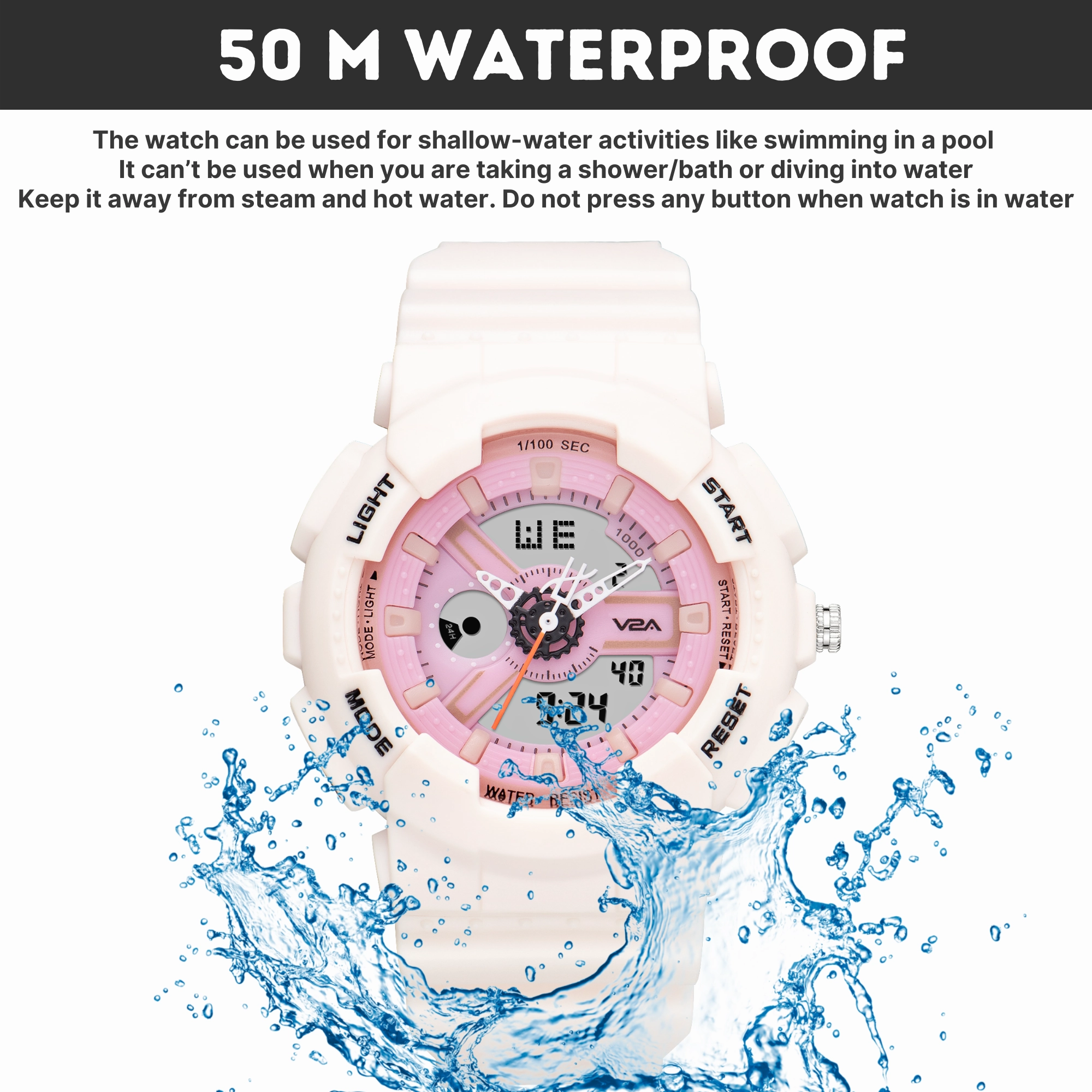 V2A Analog Digital 5ATM Waterproof Fashion White Pink Sports Watch for Women and Girls