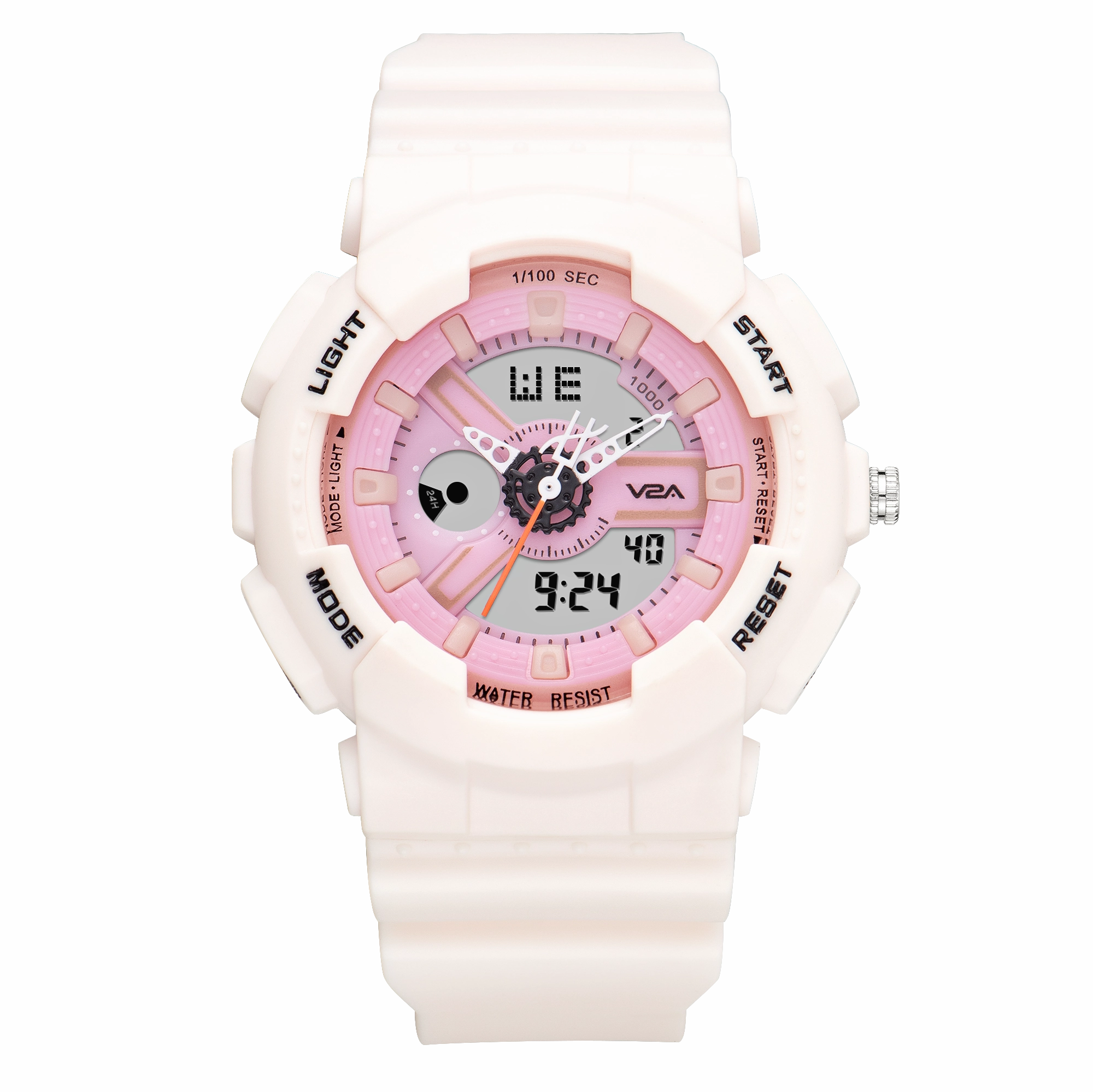 V2A Analog Digital 5ATM Waterproof Fashion White Pink Sports Watch for Women and Girls