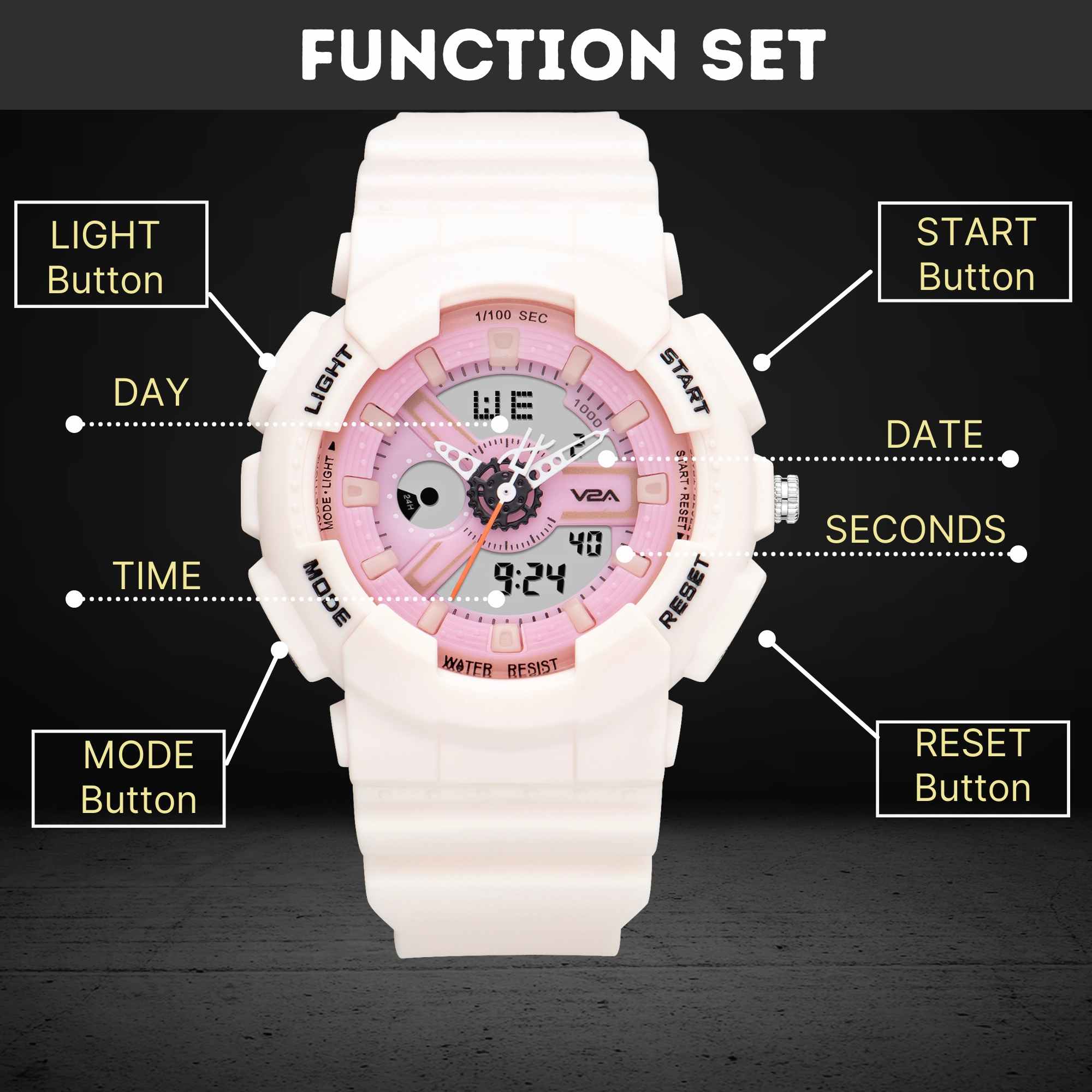 V2A Analog Digital 5ATM Waterproof Fashion White Pink Sports Watch for Women and Girls