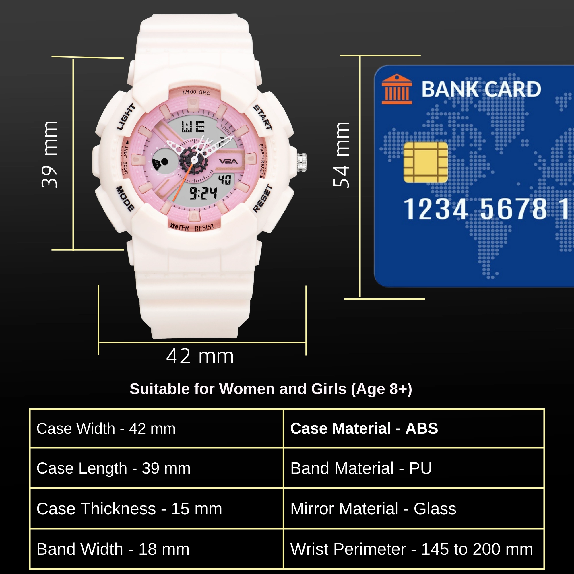 V2A Analog Digital 5ATM Waterproof Fashion White Pink Sports Watch for Women and Girls