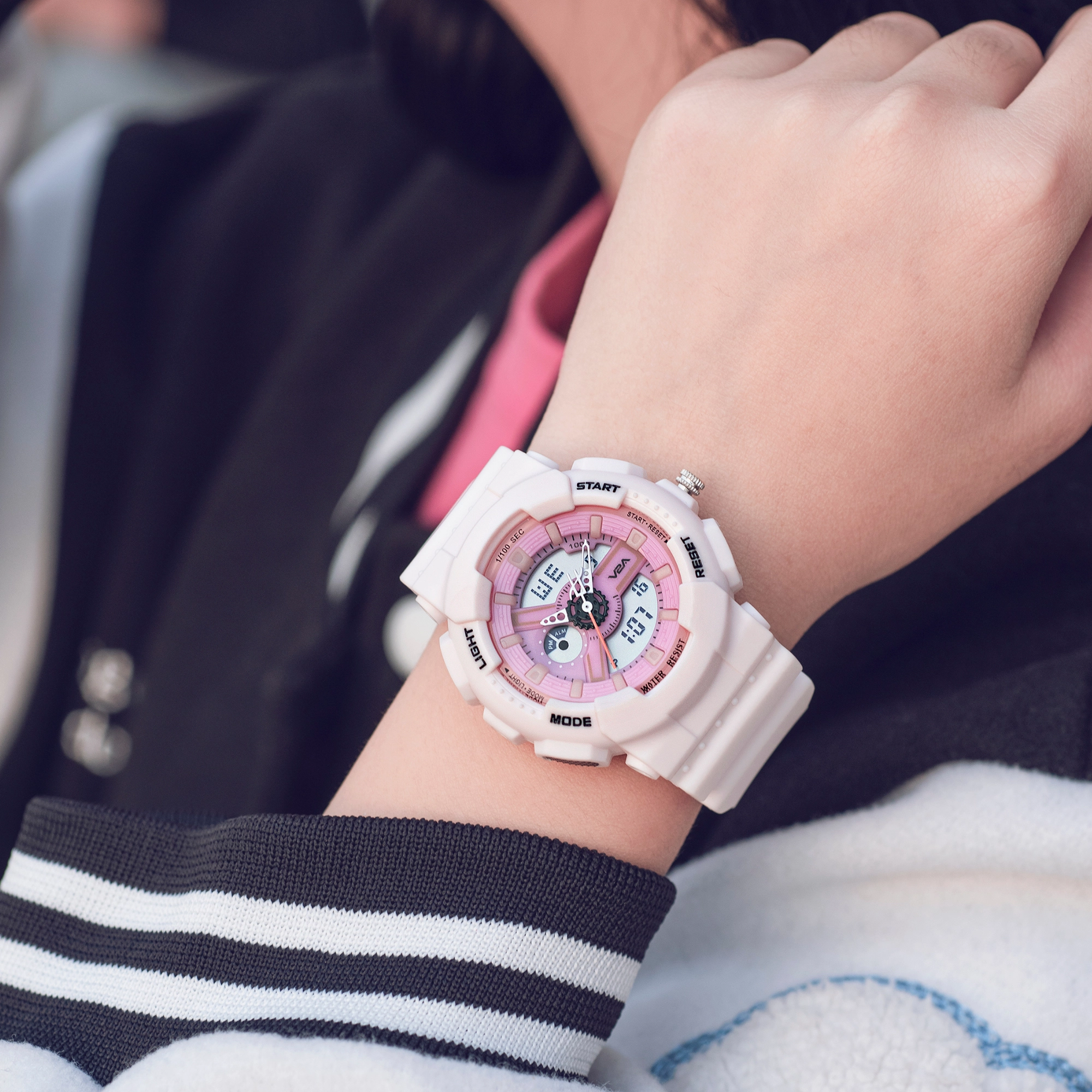 V2A Analog Digital 5ATM Waterproof Fashion White Pink Sports Watch for Women and Girls