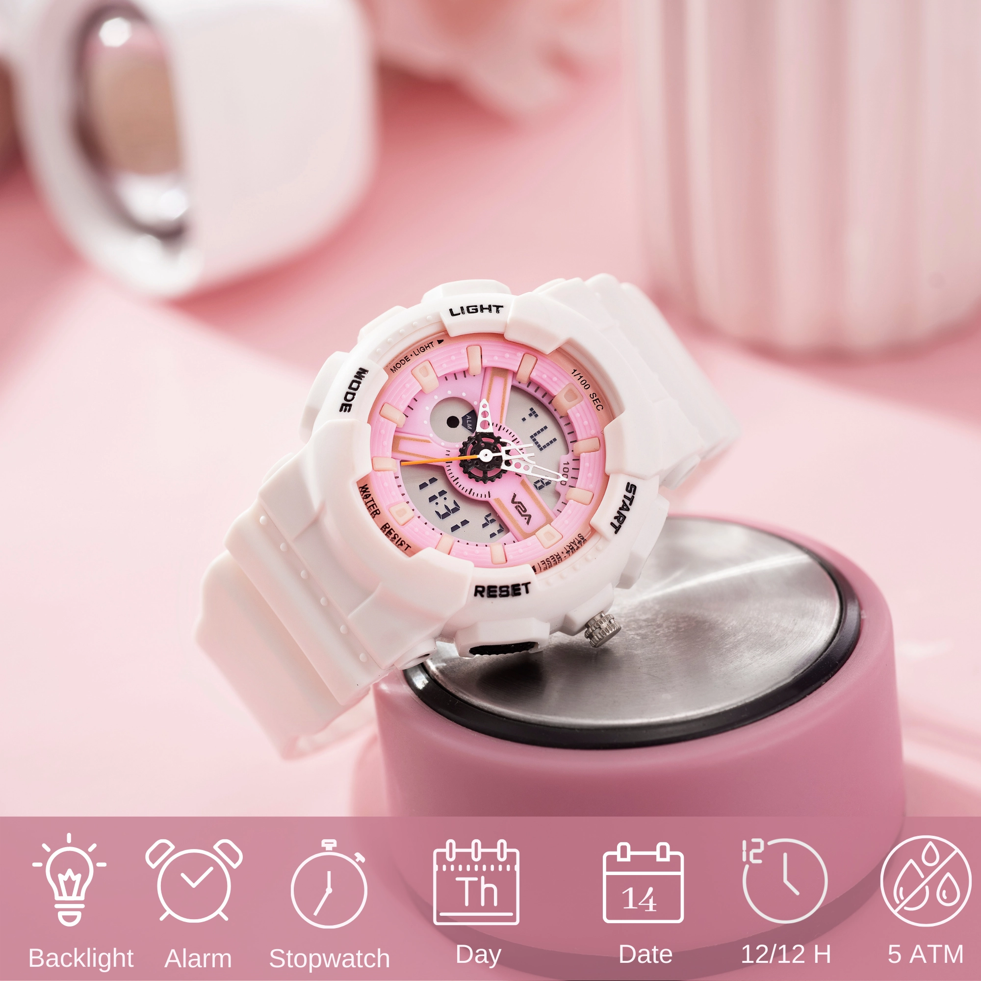 V2A Analog Digital 5ATM Waterproof Fashion White Pink Sports Watch for Women and Girls