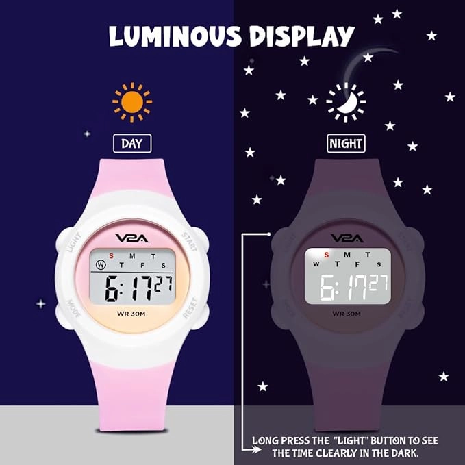 V2A Color Play Digital Watch for Girls, Waterproof Kids Sports Watch with Alarm, Stopwatch & Backlight | LED Display, Shockproof Design | Best Birthday Gift for Girls Ages 4?