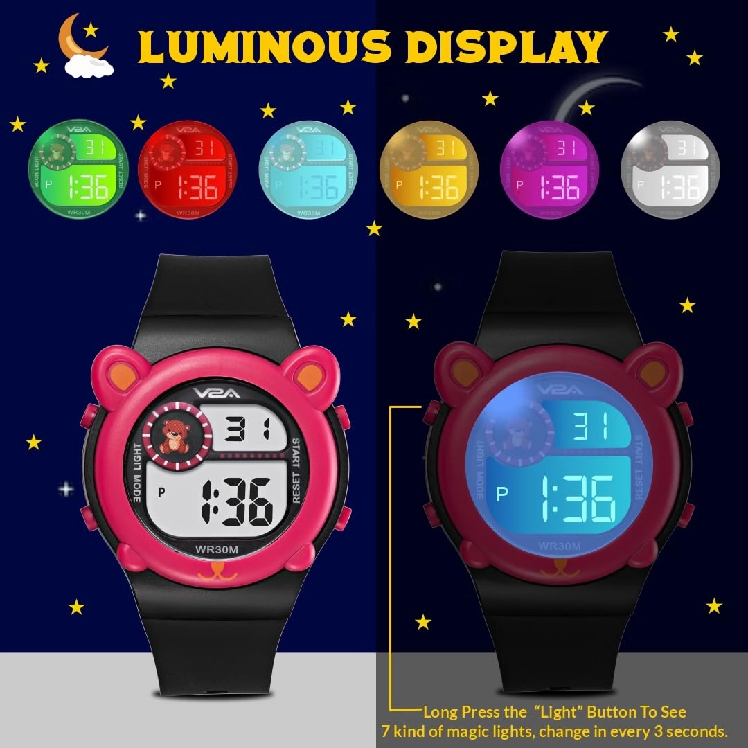 V2A Critter Series Digital Watch for Kids (Ages 3?0) ?Cute Cat Ears, 7-Color Backlight, Waterproof, Alarm & Stopwatch