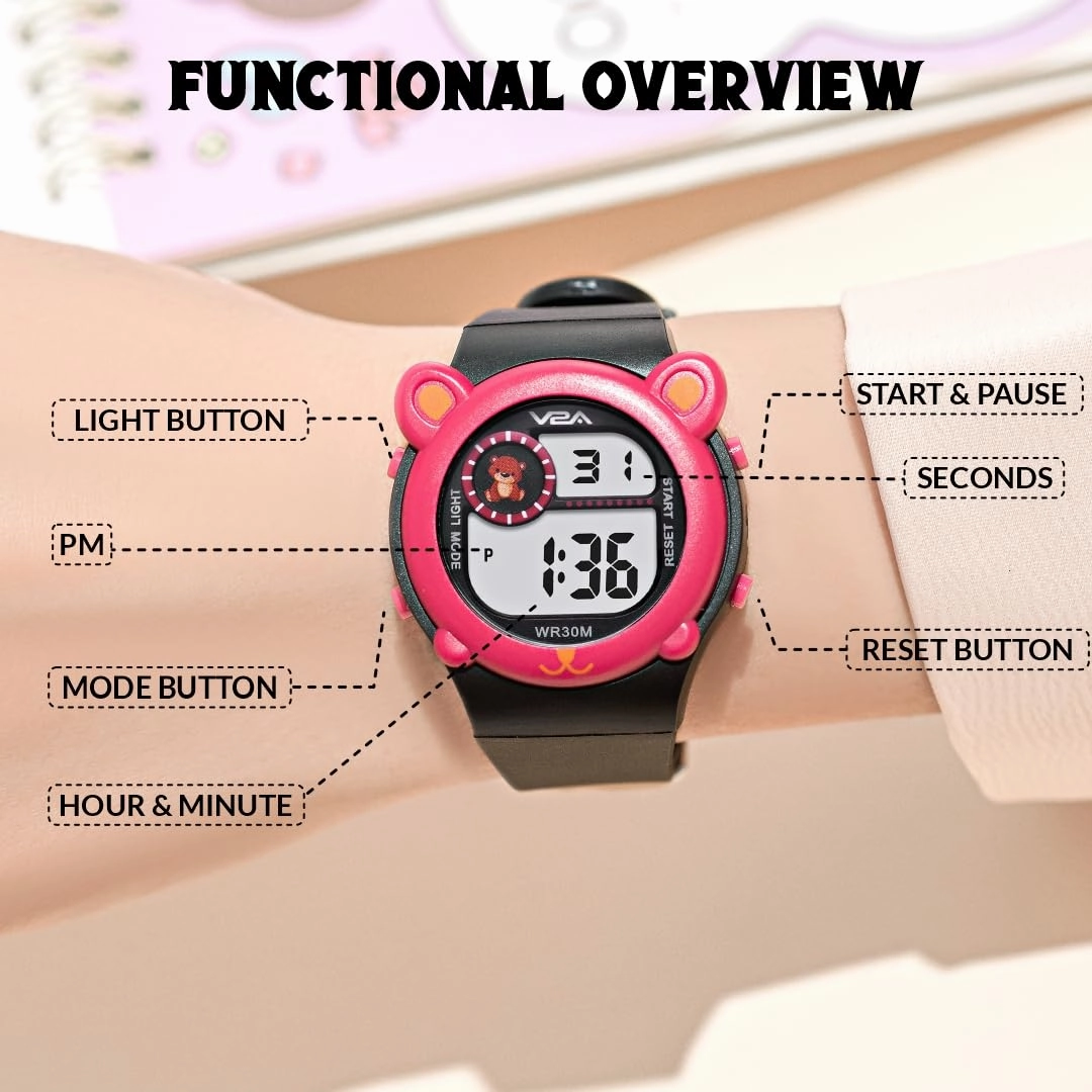 V2A Critter Series Digital Watch for Kids (Ages 3?0) ?Cute Cat Ears, 7-Color Backlight, Waterproof, Alarm & Stopwatch