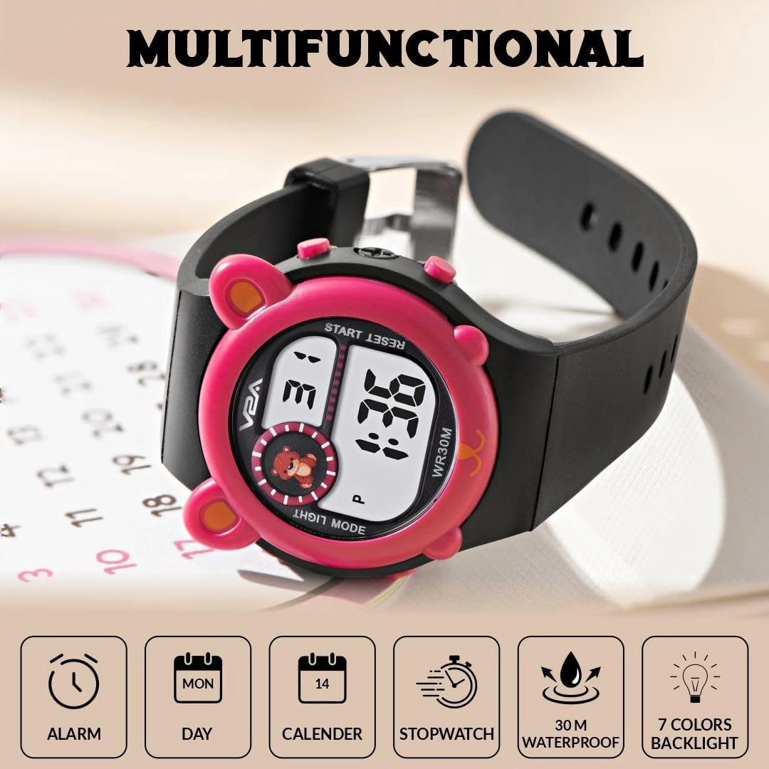 V2A Critter Series Digital Watch for Kids (Ages 3?0) ?Cute Cat Ears, 7-Color Backlight, Waterproof, Alarm & Stopwatch