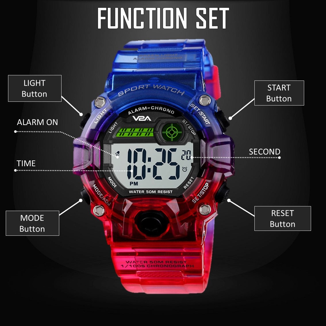 V2A Digital 5ATM Waterproof Kids Sports Watch with Backlight Alarm Stopwatch for Boys and Girls (White Dial with Red and Blue Colored Strap)