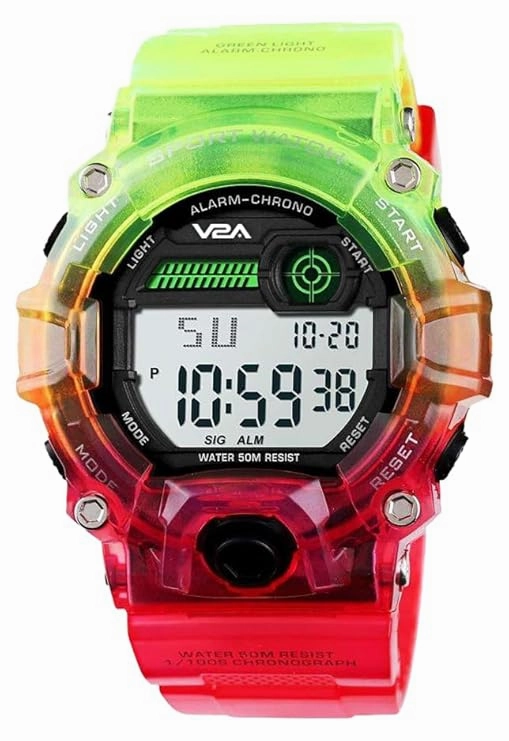 V2A Digital 5ATM Waterproof Kids Sports Watch with Backlight Alarm Stopwatch for Boys and Girls (White Dial with Red and Blue Colored Strap)