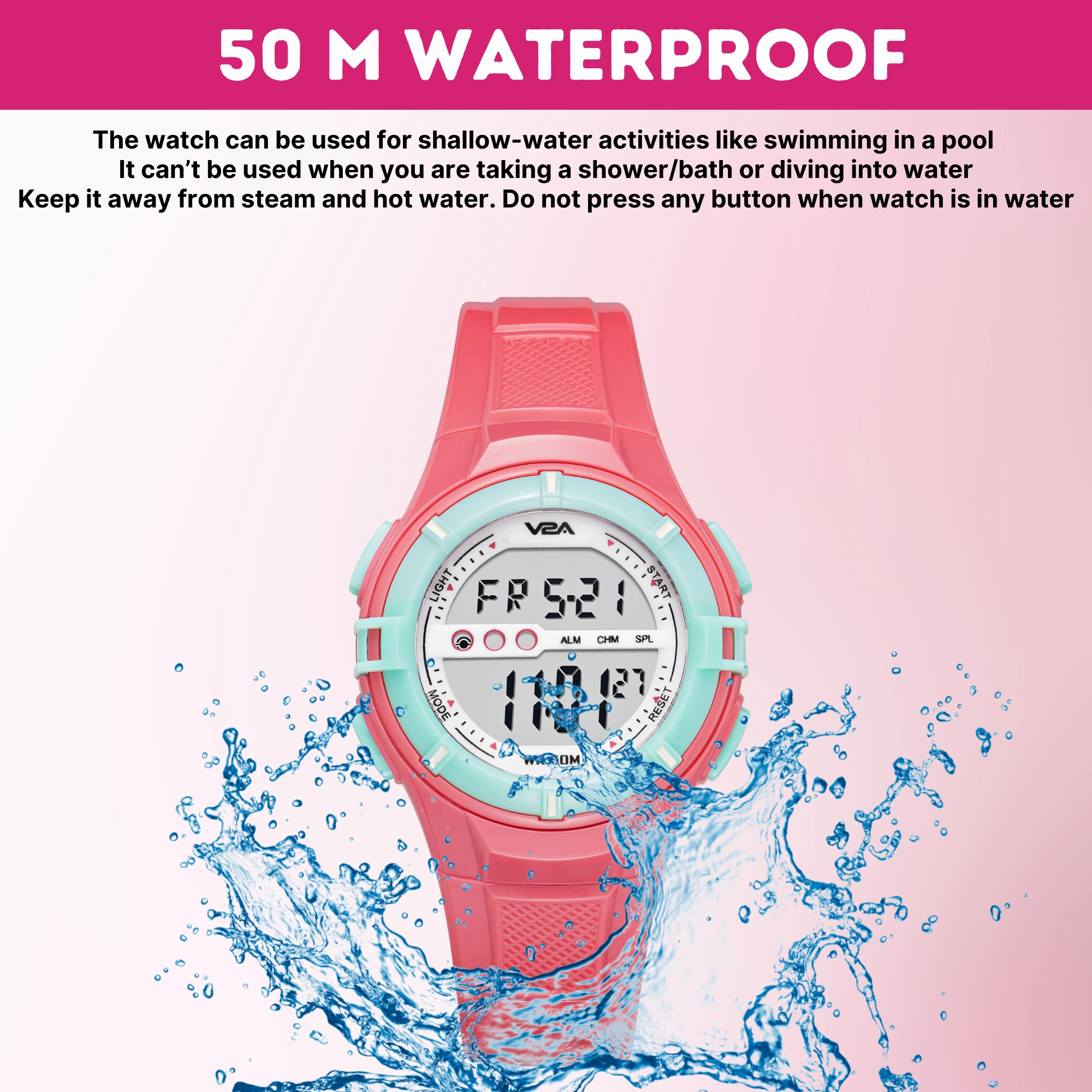 V2A Digital 5ATM Waterproof Kids White Sports Watch for Girls