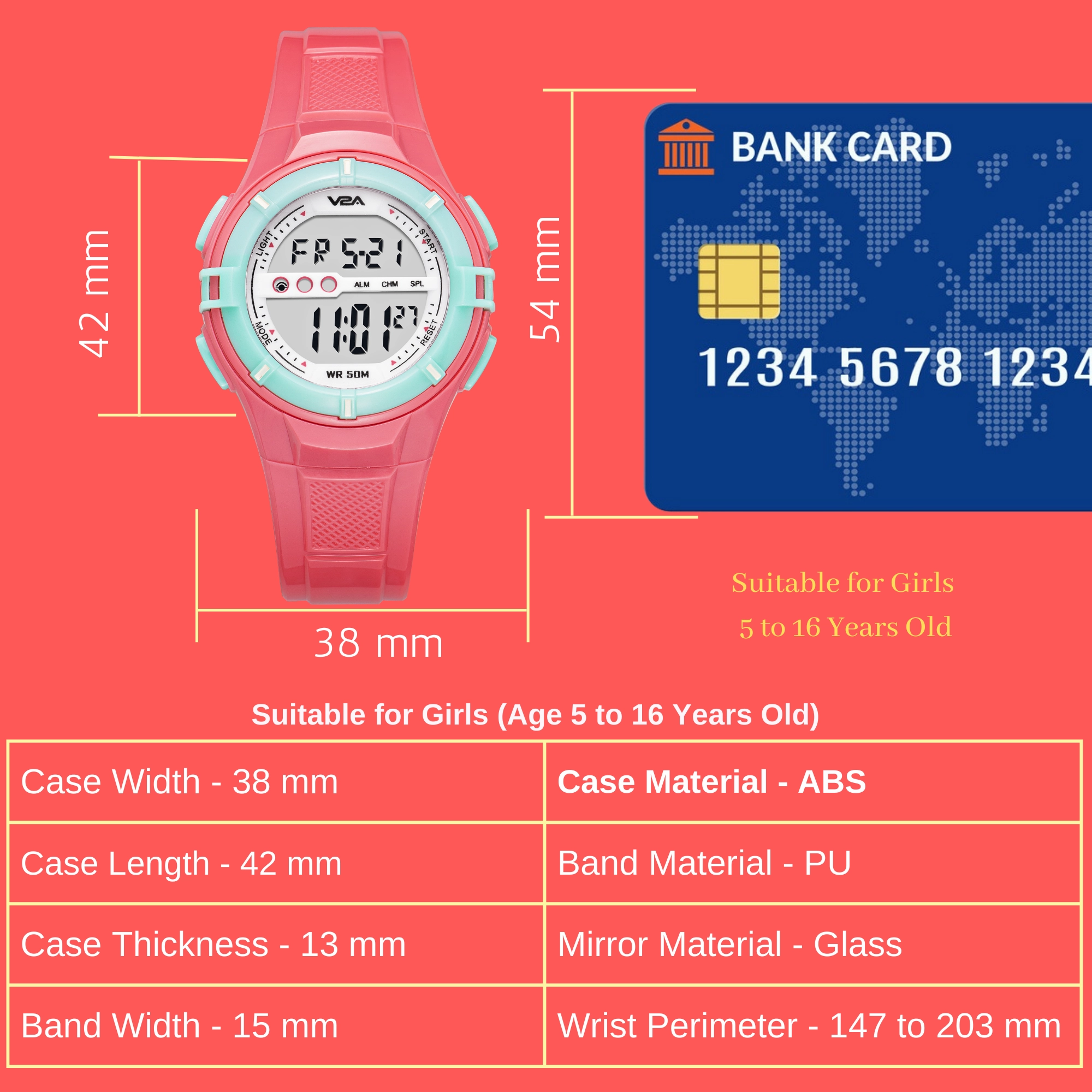 V2A Digital 5ATM Waterproof Kids White Sports Watch for Girls