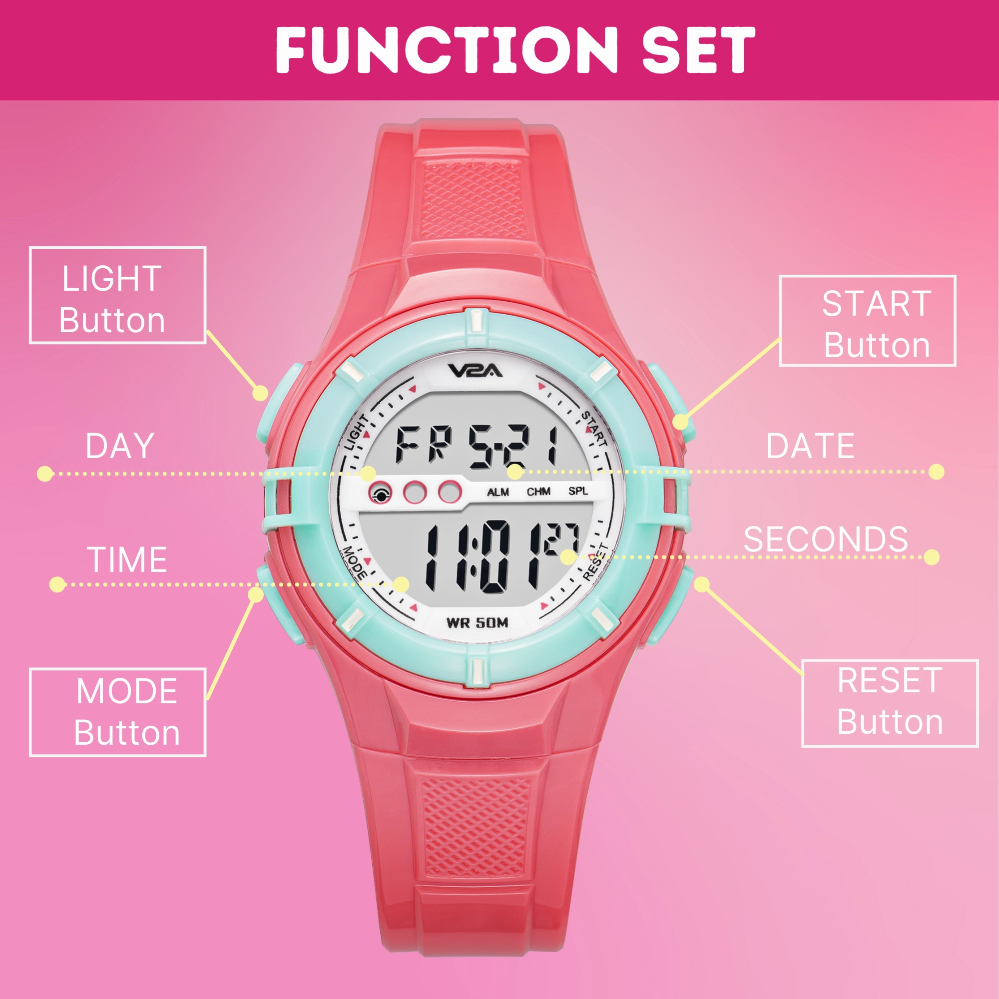 V2A Digital 5ATM Waterproof Kids White Sports Watch for Girls