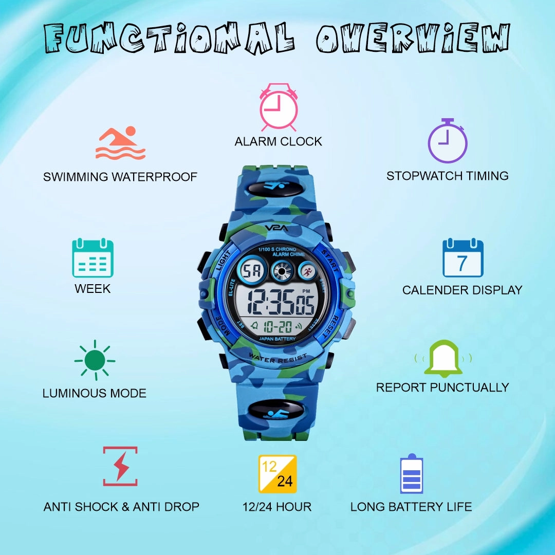 V2A Digital Kids Sports Watch with 7 Color Backlight Alarm Stopwatch for Boys and Girls