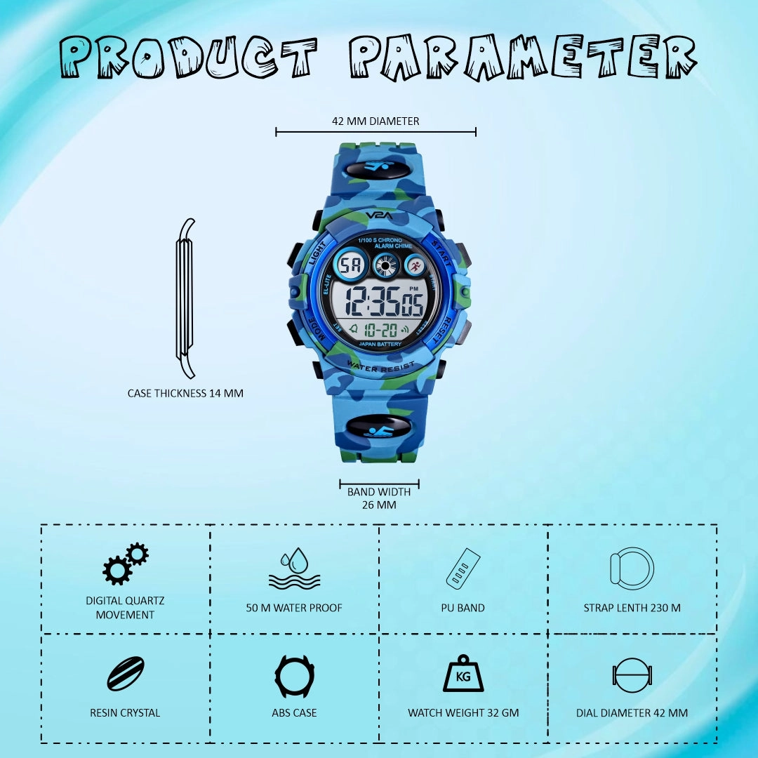 V2A Digital Kids Sports Watch with 7 Color Backlight Alarm Stopwatch for Boys and Girls