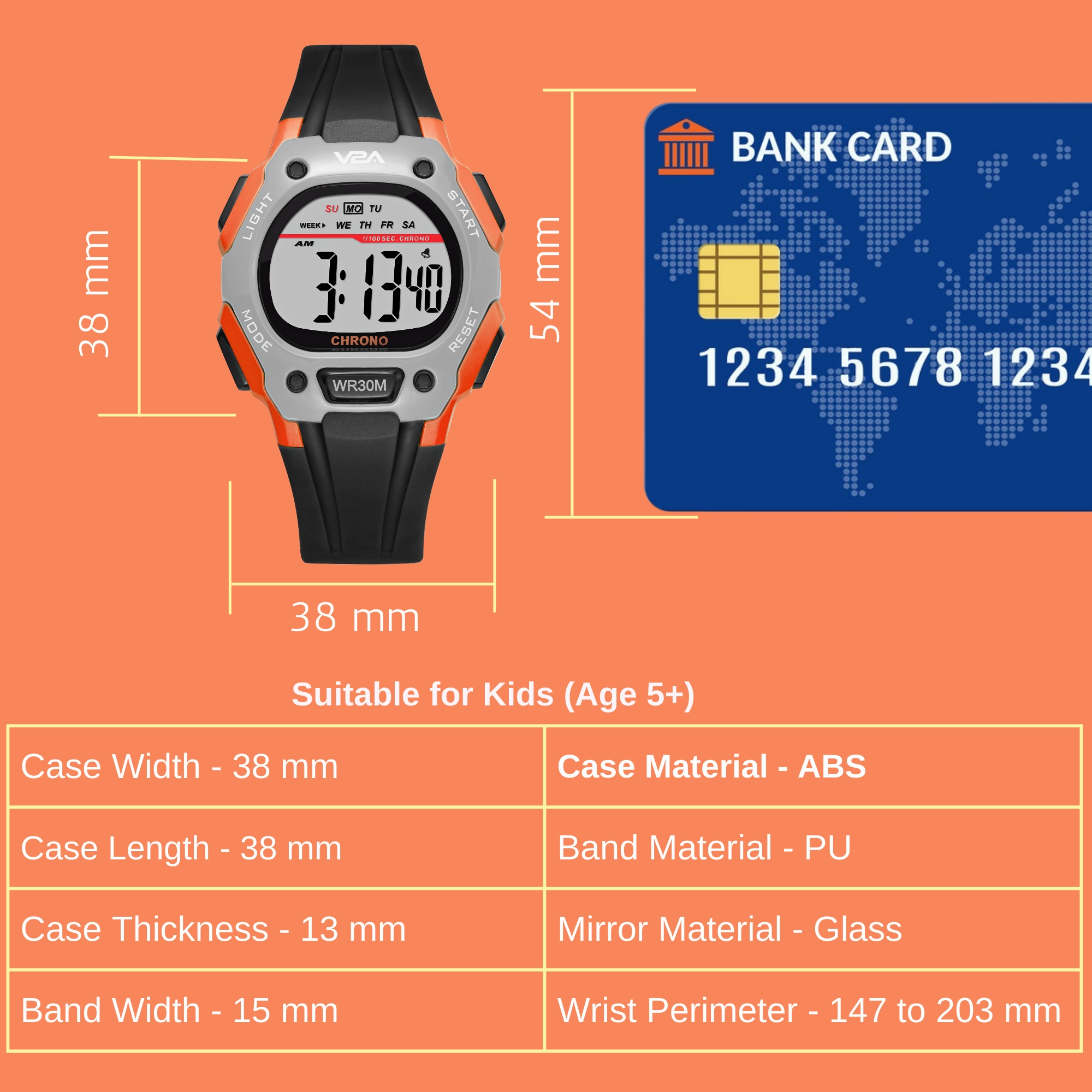 V2A Digital Water Resistant Kids Blue and Orange Sports Watch for Boys