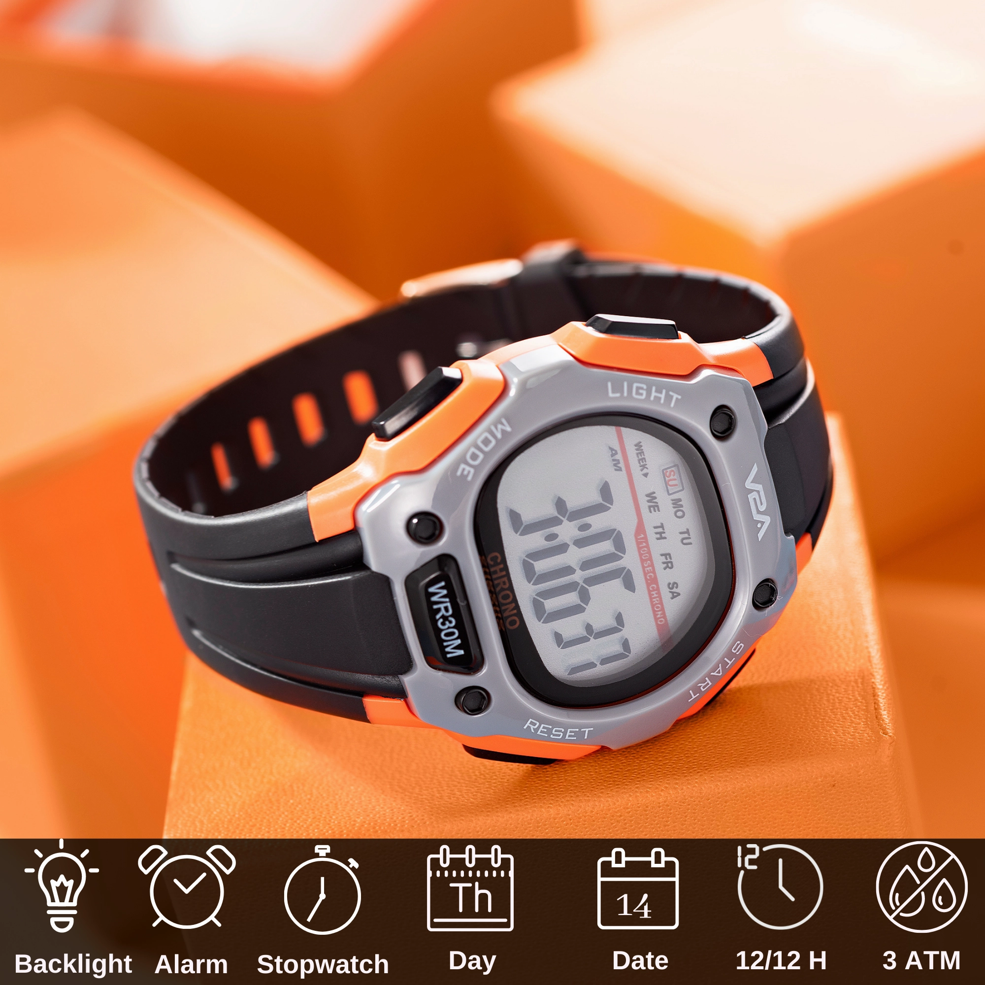 V2A Digital Water Resistant Kids Blue and Orange Sports Watch for Boys
