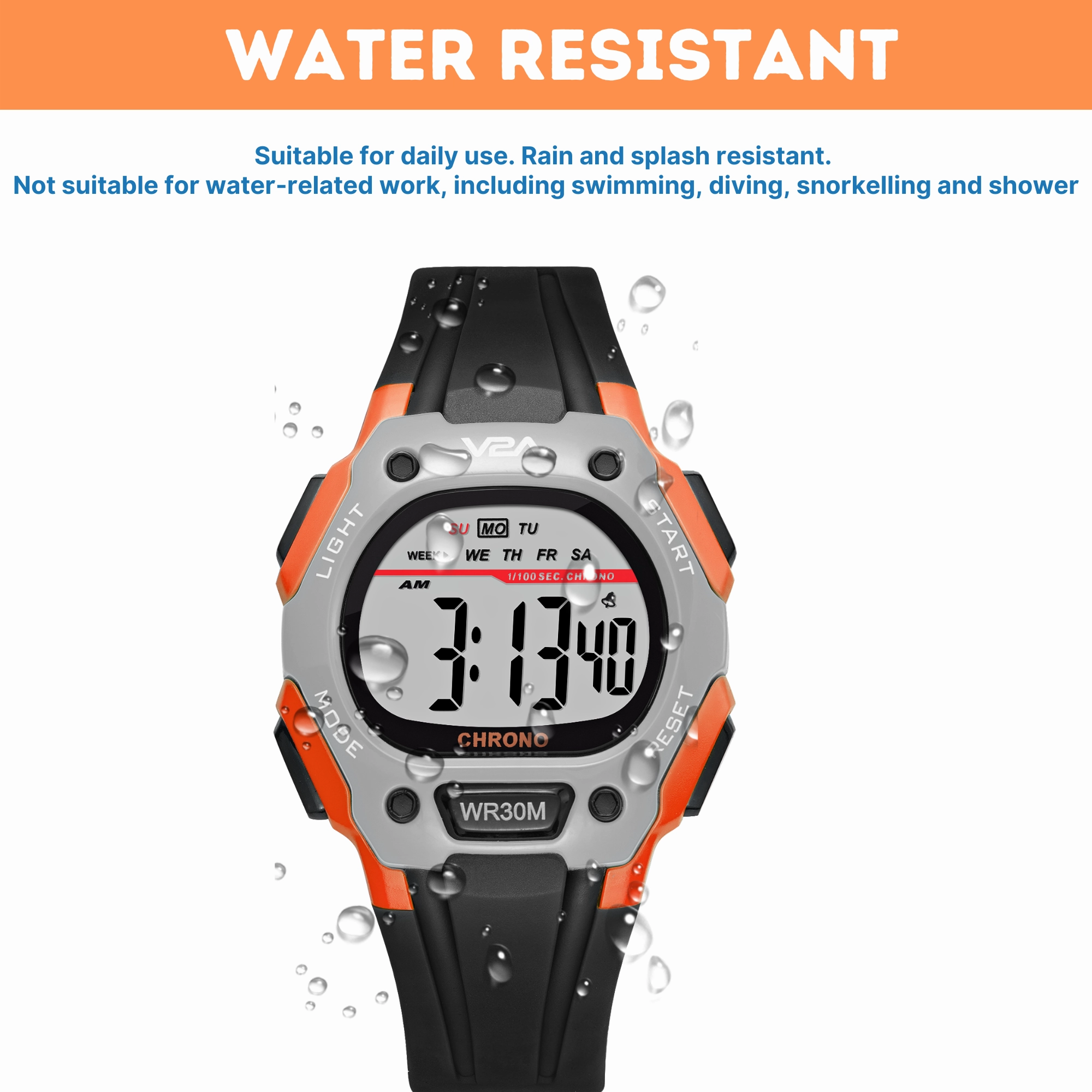 V2A Digital Water Resistant Kids Blue and Orange Sports Watch for Boys
