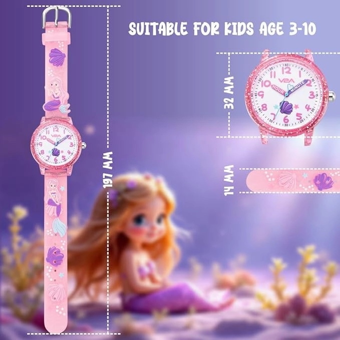 V2A Girls' Analog Watch ?Cute 3D Mermaid Design | Soft Multicolour Silicone Strap | 30M Water-Resistant | Quartz Movement | Fun & Educational Time Learning | Perfect Gift for Kids Aged 3?0