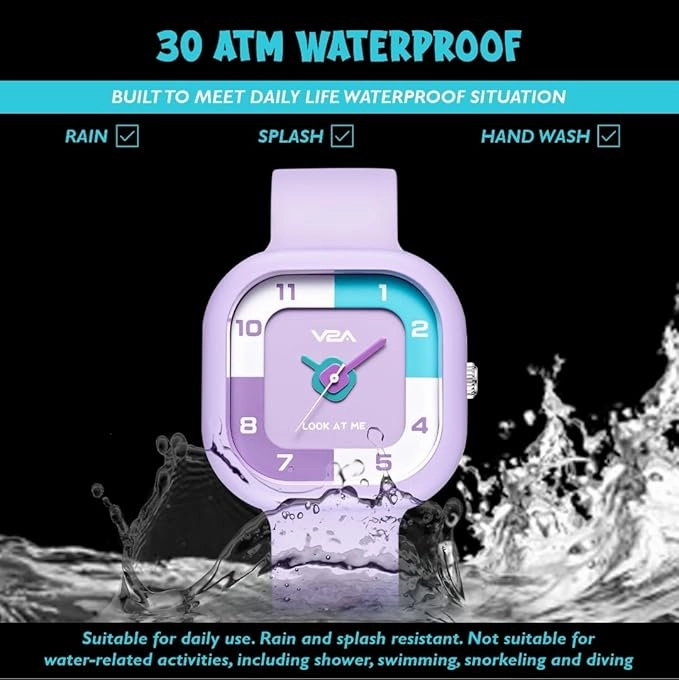 V2A Girls?Cute Analog Watch ?Soft silicone Band with Square Printed Dial | Waterproof Kids Watch for Ages 4?3 | Stylish Timepiece for Girls (30M Water Resistant)