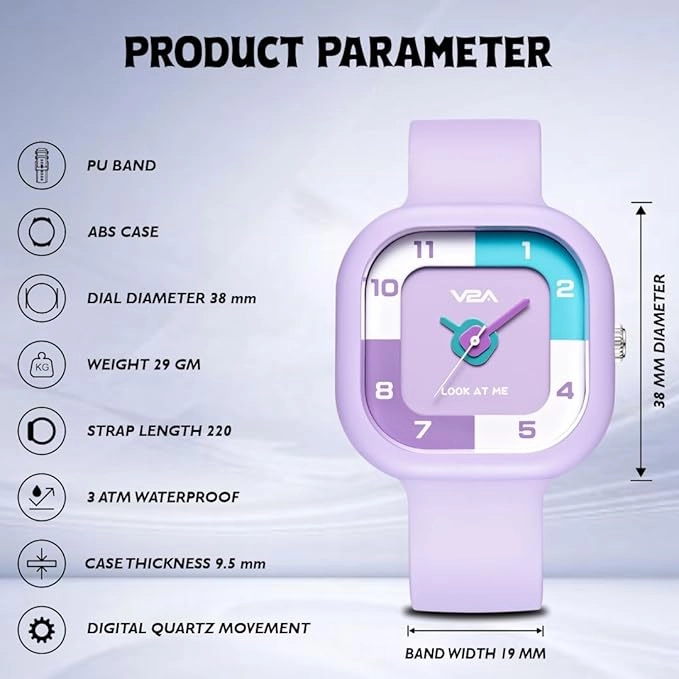 V2A Girls?Cute Analog Watch ?Soft silicone Band with Square Printed Dial | Waterproof Kids Watch for Ages 4?3 | Stylish Timepiece for Girls (30M Water Resistant)