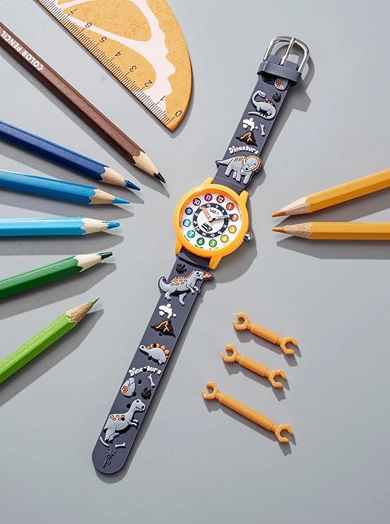 V2A Kids' Analog Wrist Watch for Boys ?D Dinosaur Theme | Multicolour Soft Silicone Strap | 30M Waterproof | Quartz Movement | Fun Time Learning Watch | Ideal Birthday & Return Gift for Ages 3?0 (Grey)