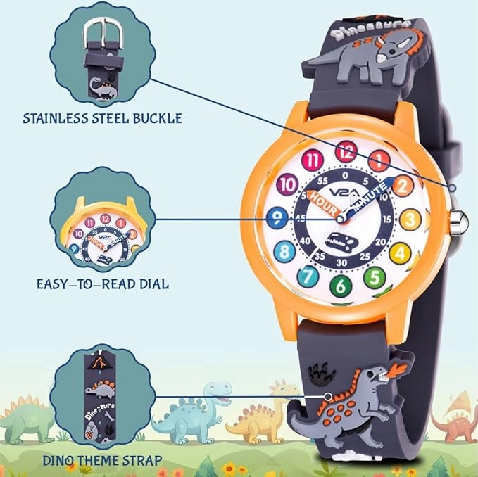 V2A Kids' Analog Wrist Watch for Boys ?D Dinosaur Theme | Multicolour Soft Silicone Strap | 30M Waterproof | Quartz Movement | Fun Time Learning Watch | Ideal Birthday & Return Gift for Ages 3?0 (Grey)
