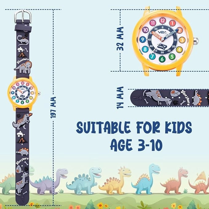 V2A Kids' Analog Wrist Watch for Boys ?D Dinosaur Theme | Multicolour Soft Silicone Strap | 30M Waterproof | Quartz Movement | Fun Time Learning Watch | Ideal Birthday & Return Gift for Ages 3?0 (Grey)