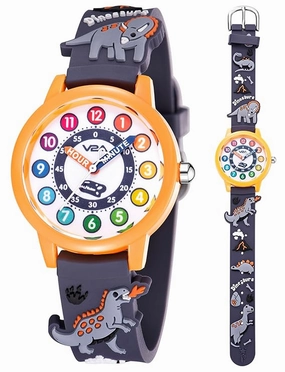 V2A Kids' Analog Wrist Watch for Boys ?D Dinosaur Theme | Multicolour Soft Silicone Strap | 30M Waterproof | Quartz Movement | Fun Time Learning Watch | Ideal Birthday & Return Gift for Ages 3?0 (Grey)