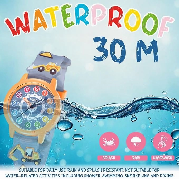 V2A Kids' Unisex Analogue Watch, 3D Construction Theme | Excavator, Loader & Dumper Print | Durable Silicone Strap | 30M Waterproof | Quartz Movement | Fun Time Learning Watch for Boys & Girls Ages 3?0