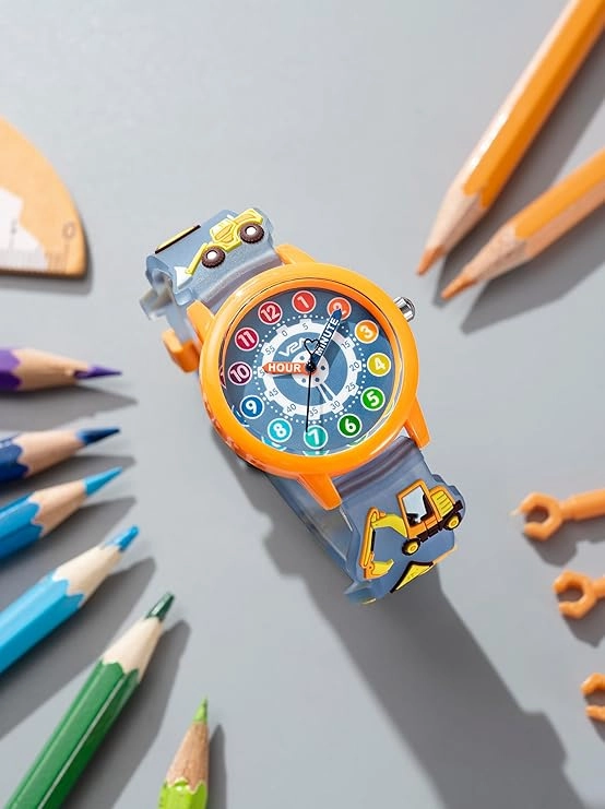 V2A Kids' Unisex Analogue Watch, 3D Construction Theme | Excavator, Loader & Dumper Print | Durable Silicone Strap | 30M Waterproof | Quartz Movement | Fun Time Learning Watch for Boys & Girls Ages 3?0