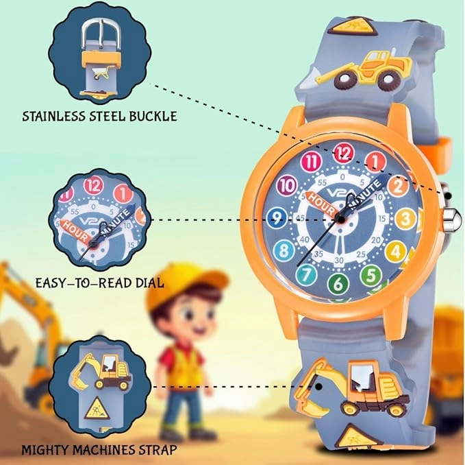 V2A Kids' Unisex Analogue Watch, 3D Construction Theme | Excavator, Loader & Dumper Print | Durable Silicone Strap | 30M Waterproof | Quartz Movement | Fun Time Learning Watch for Boys & Girls Ages 3?0