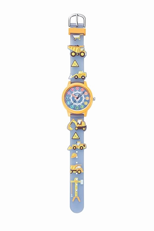 V2A Kids' Unisex Analogue Watch, 3D Construction Theme | Excavator, Loader & Dumper Print | Durable Silicone Strap | 30M Waterproof | Quartz Movement | Fun Time Learning Watch for Boys & Girls Ages 3?0