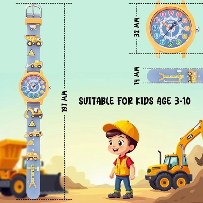 V2A Kids' Unisex Analogue Watch, 3D Construction Theme | Excavator, Loader & Dumper Print | Durable Silicone Strap | 30M Waterproof | Quartz Movement | Fun Time Learning Watch for Boys & Girls Ages 3?0