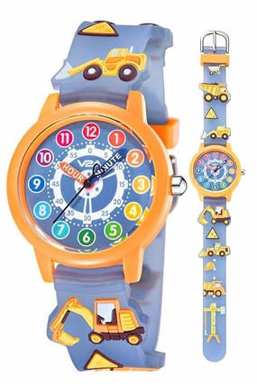 V2A Kids' Unisex Analogue Watch, 3D Construction Theme | Excavator, Loader & Dumper Print | Durable Silicone Strap | 30M Waterproof | Quartz Movement | Fun Time Learning Watch for Boys & Girls Ages 3?0