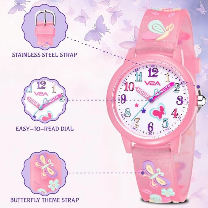 V2A Kids Analog Watch ?3D Butterfly Theme, Soft Multicolour Silicone Strap, 30M Waterproof, Quartz Movement | Easy Time Learning Watch for Girls Aged 3?0 | Birthday & Return Gift