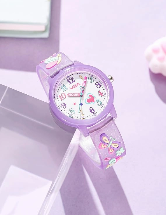 V2A Kids Analog Watch ?3D Butterfly Theme, Soft Multicolour Silicone Strap, 30M Waterproof, Quartz Movement | Easy Time Learning Watch for Girls Aged 3?0 | Birthday & Return Gift