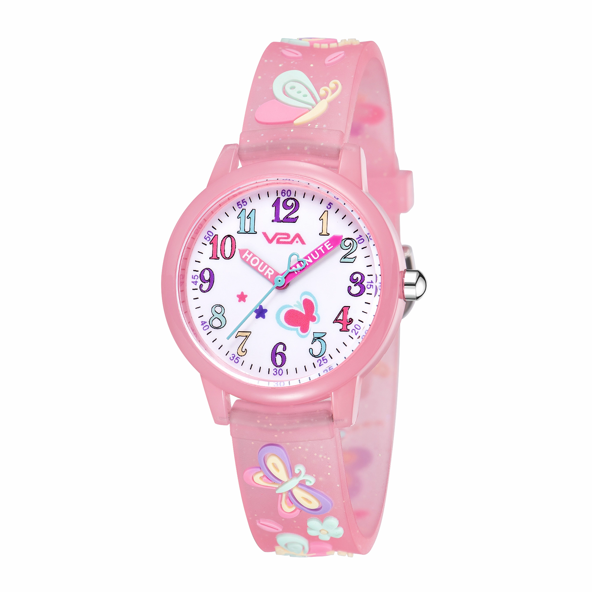 V2A Kids Analog Watch ?3D Butterfly Theme, Soft Multicolour Silicone Strap, 30M Waterproof, Quartz Movement | Easy Time Learning Watch for Girls Aged 3?0 | Birthday & Return Gift