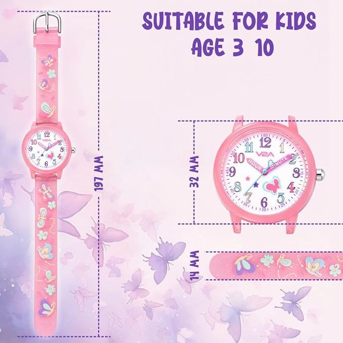 V2A Kids Analog Watch ?3D Butterfly Theme, Soft Multicolour Silicone Strap, 30M Waterproof, Quartz Movement | Easy Time Learning Watch for Girls Aged 3?0 | Birthday & Return Gift