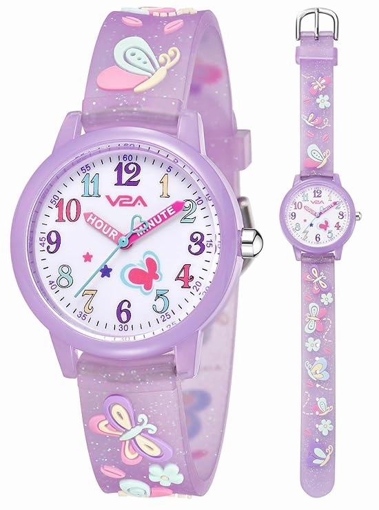 V2A Kids Analog Watch ?3D Butterfly Theme, Soft Multicolour Silicone Strap, 30M Waterproof, Quartz Movement | Easy Time Learning Watch for Girls Aged 3?0 | Birthday & Return Gift